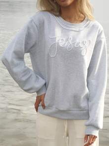 Sydney Algeri Moletom Casual Feminino com Decor de Laço de Pérola Falsa, Gola Redonda, Adequado para Outono/Inverno, Uso Diário, Passeios, Presentes Femininos, Presentes para Irmãs, Presentes para Mãe, Presentes para o Dia das Mães - Chumbo - Visão 3