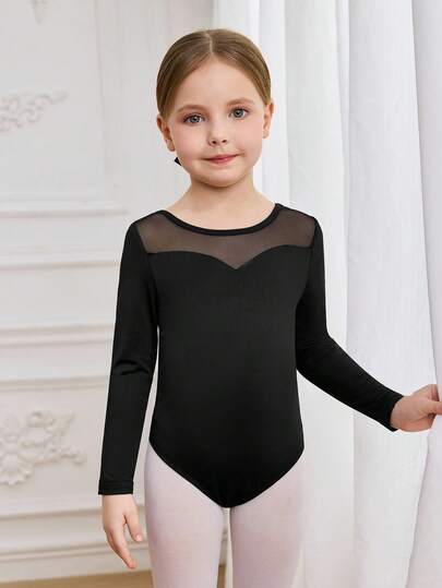 Ung flicka mesh patchwork rund hals enfärgad långärmad jumpsuit sportkläder