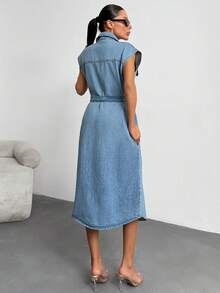 EURMUSE Button Up Front Denim 100%Cotton Dress Daily Wear - Light Wash - View 2