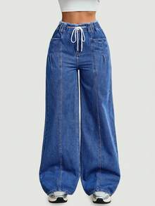 Sweetra 女士时尚休闲弹力腰宽松阔腿牛仔裤 - 中等水洗藍 - 查看 4