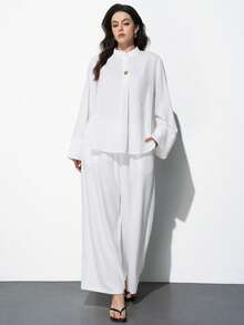 Maija Plus Size Women's Solid Color Stand Collar Long Sleeve Single-Breasted Casual Shirt - White - View 2