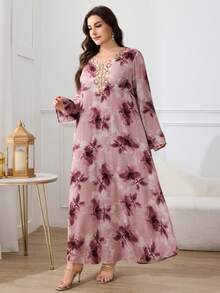 Al Najma Maxikleid in Große Größen für Damen mit Blume Muster, V-Ausschnitt und Langarm im türkischen und arabischen traditionellen Stil - Verschiedenfarbig - Übersicht 6