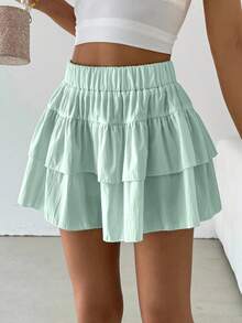 Glamine 女士弹力腰双层荷叶边休闲阔腿裤，夏季 - 薄荷藍 - 查看 4