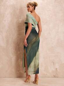 Glamine 女式夏季绿色扎染细肩带开衩下摆网眼连衣裙，修身荷叶边度假 A 字形礼服，女式正式连衣裙，女式舞会礼服，女式长裙，女式夏季连衣裙，女式连衣裙，女式短裙 - 綠色 - 查看 2