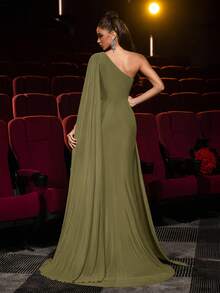 Glamrae Elegant Brown High-Stretch Mesh Asymmetric Shoulder Maxi Dress,Metal 3D Floral Decor,Front Ruching,Draped Side Panels,Fishtail Hem Formal Gown - Olive Green - View 2