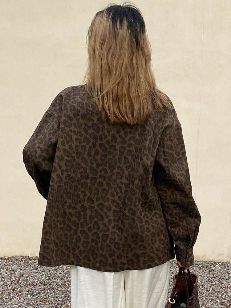 Loose Casual Vacation Style Brown Leopard Print Butterfly Women Denim Jacket And Coat, Spring/Summer