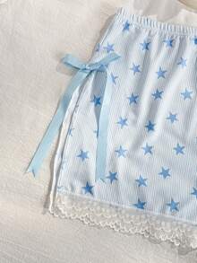 PetitDoll 大码女士舒适家居服系列内裤，饰有条纹、星星、蝴蝶结和侧边镂空设计，适合情人节穿着。 - 藍色 - 查看 5
