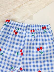 SHEIN 2件組女嬰新生兒0-3歲可愛度假風藍白條紋蝴蝶結裝飾吊帶上衣+短褲套裝 夏季櫻桃小女童套裝 - 藍色 - 查看 6