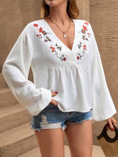 EURMUSE Women's White Floral Embroidered Viscose Blouse – Long Sleeve, Lace Trim, Loose Fit