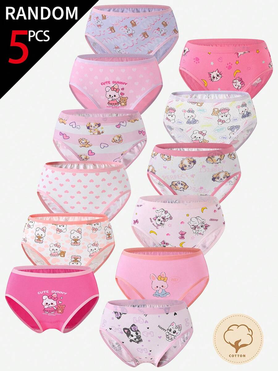 SHEIN 5条/包 女童什锦印花纯棉三角裤，图案包括爱心、蝴蝶结、兔子 - 彩色 - 查看 1