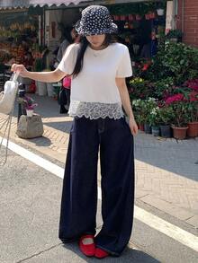 DAZY Women's Round Neck Lace Patchwork Short Sleeve Casual Chic Korean Style T-Shirt, Spring/Summer - White - View 5