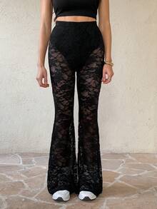 SHEIN Tall Women's Spring Sexy Retro Lace Lined Flared Pants - Black - View 6