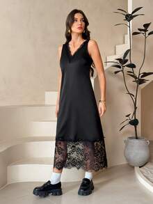 SHEIN Tall Women's Mid-Length Dress With V-Neck Lace Panel - Black - View 4