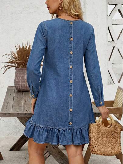 EMERY ROSE Women's Solid Color Casual Long Sleeve Denim Dress Women Denim Dress