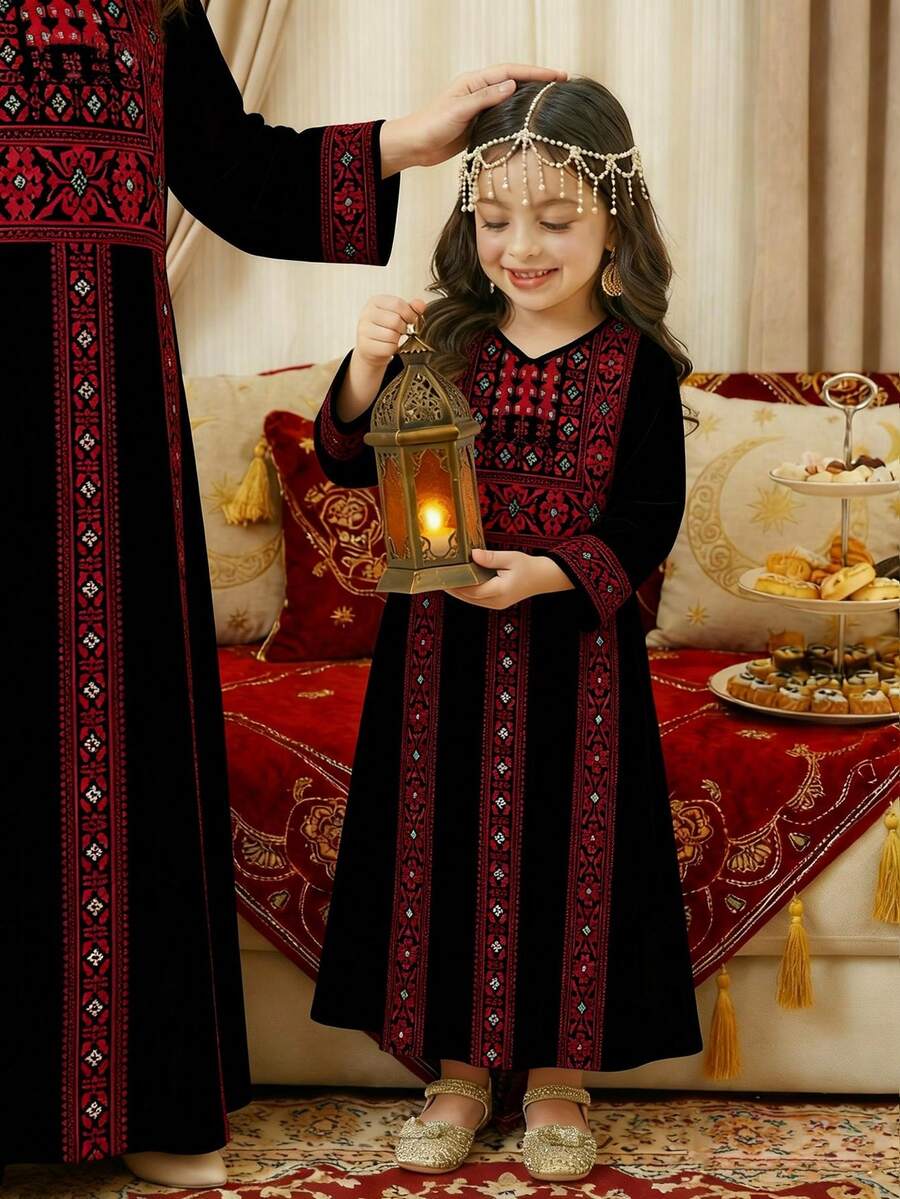 1 chiếc đầm dài tay dáng rộng kiểu Trung Đông cổ điển cho bé gái 4-7 tuổi, họa tiết hình học in kỹ thuật số, chất liệu nhẹ, thích hợp cho các lễ hội truyền thống/mặc hàng ngày, mùa xuân/hè/thu. - Nhiều màu - Xem 1