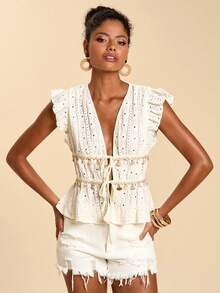 Travachic Top tricoté col V blanc bohème pour femmes, détail coquillage perle, manches avion, vacances d'été, élégant, vacances à la plage, tops décontractés pour fête bohème - Nude - Voir 3