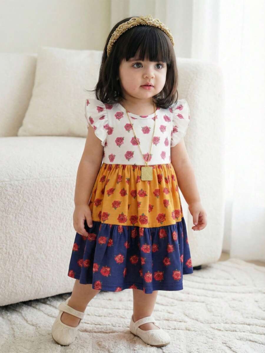 SHEIN Baby Girl Knitted Contrast Color Round Neck Ruffle Hem Snug Fit Dress - Multicolor - View 1