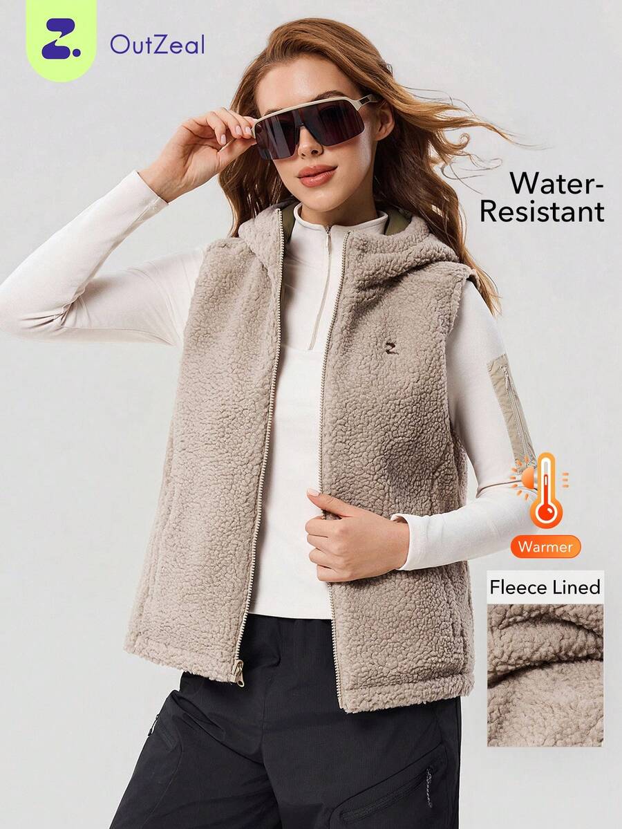 OutZeal 女士户外保暖背心夹克 冬季徒步露营防水保暖带口袋拉链连帽夹克 - 棕色 - 查看 1