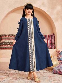 SHEIN 少女纯色拼接条纹方领蝴蝶结装饰长袖宽松A字连衣裙，适合旅行、度假、乡村风、休闲度假、波西米亚风，可与姐妹和女儿搭配穿着。 - 彩色 - 查看 2