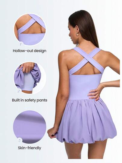 Eassivo Eassivo Women's Light Purple Bubble Hem Tennis Dress With Built-In Shorts, Sleeveless Athletic Skirt, Breathable Stretchy Sportswear For Workout, Running, Golf, Gym,Sports Dress With Criss-Cross Backless Design, Tennis Skirt For Outdoor Sports, Casual Running, Lightweight Flared Dress,Purple Tennis Dress