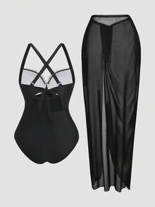 Swim Oasis New Elegant Plus Size One-Piece Swimsuit + Sarong Skirt Two Pieces Set For Beach Vacation, Black Elegant Pearl Decor Slimming Plus Size One-Piece Swimsuit, Slimming One-Piece Swimsuit + Sarong Skirt - Black - View 10