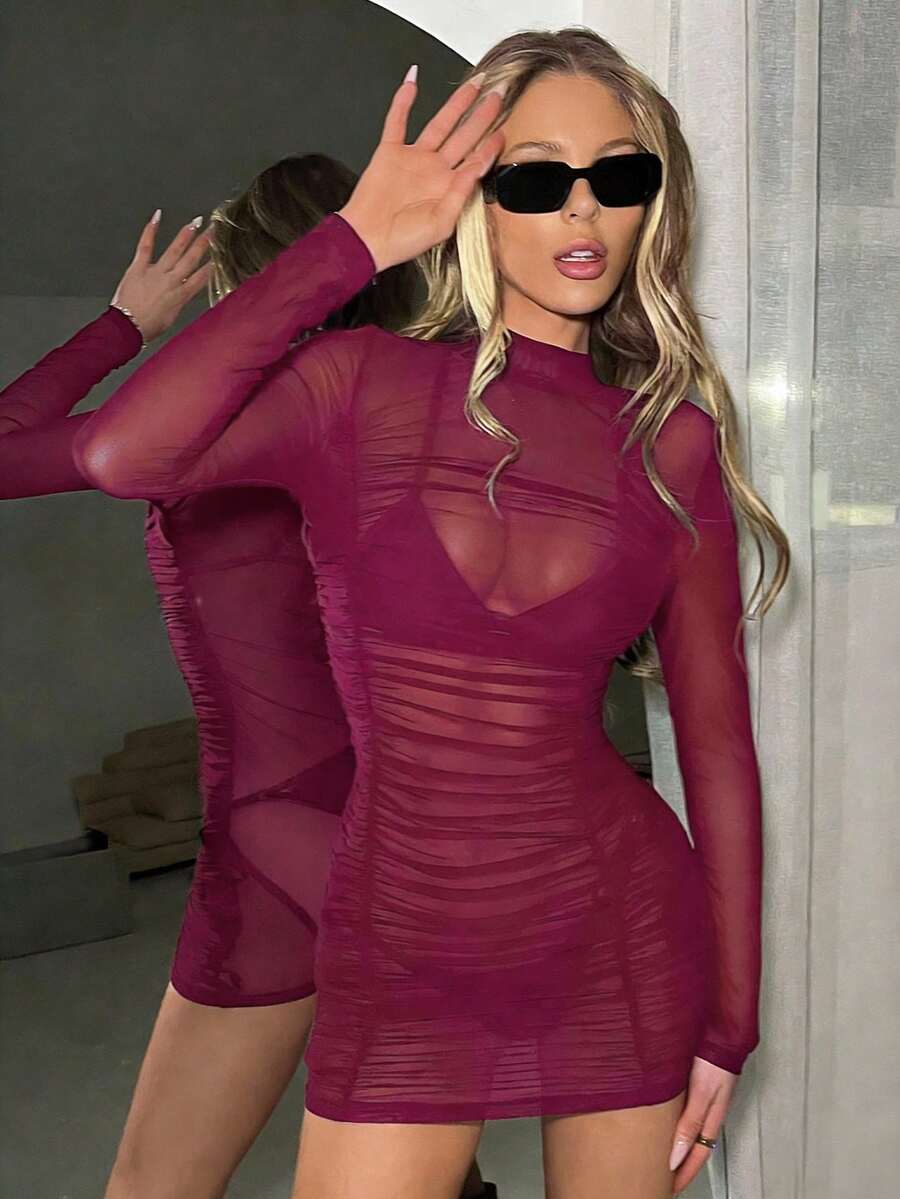 SHEIN ICON 时尚性感透视网纱褶皱紧身迷你连衣裙 - 中紫紅色 - 查看 1