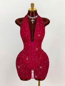 Amplova Đầm dự tiệc ôm sát không tay, hở lưng, đính đá lấp lánh - Đỏ - Xem 8