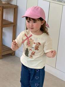 DAZY Toddler Girls' Round Neck Cartoon Christmas Bow Print Top - Apricot - View 1