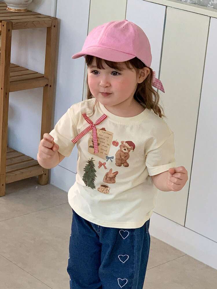 Baby Girls' Round Neck Cartoon Christmas Bow Print Top Summer Toddler Girls Clothes