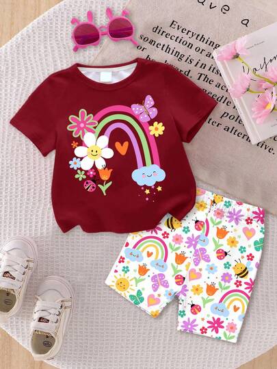 Baby Girl Casual Cute Floral, Smiling Face, Rainbow, Insect, Butterfly Print Round Neck Short Sleeve T-Shirt And Leggings Set, Suitable For Spring/Summer, Baby Girl Clothes, Baby Girl, Toddler Girl Clothes, Toddler Girl, Baby Girl Outfit, Baby Girl Outfit Set