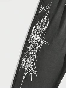ROMWE MEN Goth Men's Graphic Print Drawstring Waist Slant Pocket Casual Jogger Pants - Grey - View 4