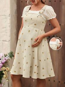 SHEIN 孕妇纯色花卉刺绣宽松休闲吊带连衣裙 - 棕色 - 查看 1