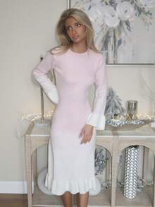 Sydney Algeri Women's Autumn/Winter New Round Neck Ombre Unique Design Ruffle Hem & Cuff Fashionable Elegant Elegant Date Casual Fitted Knit Midi Sweater Dress - Pink - View 4