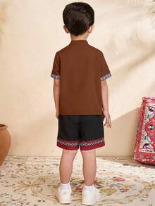 2pcs/Set Young Boys Modest Clothing Totem Print Patchwork Contrast Color Short Sleeve Shirt With Oblique Collar + Black Shorts, Comfortable & Fashionable, Suitable For Banquet, Family Gathering Boys Woven Shirt Short Sets Boys Brown 2 Piece Set - Brown - View 2