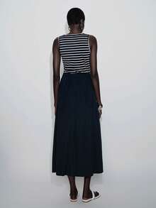 Lumivelle Women's French Nautical Navy Striped Patchwork Sleeveless High Waist Elastic Waist Flowy Dress - Navy Blue - View 2