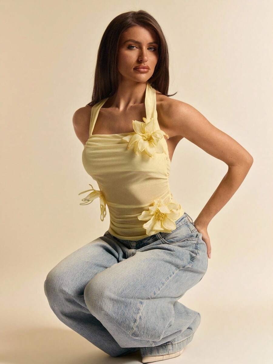 SHEIN BAE Áo tank top nữ màu vàng kem, cổ yếm, xếp ly, chất liệu voan mỏng, trang nhã, họa tiết hoa. - Vàng nhạt - Xem 1