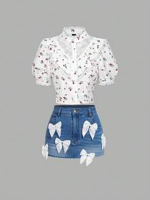 SHEIN MOD 白色和红色小碎花复古宫廷风荷叶边衬衫——复古浪漫，完美适合度假、约会、野餐、派对、舞会、节日和生日穿着；浪漫可爱的樱桃印花复古上衣，情人节、夏季、春季女装、嘉年华服装灯笼袖泡泡袖上衣 - 白色 - 查看 5