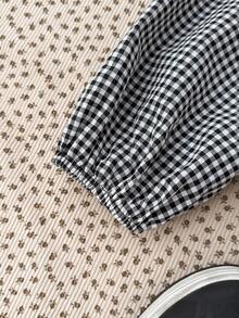 SHEIN Teen Girls Plaid Puff Sleeve Bow Tie Blouse, Fashionable & Versatile For Outings, Sister Photos, Park, Camping, Daily Wear, Party, Vacation - Black - View 5