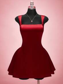 SHEIN ICON 大码女士情人节缎面红色连衣裙 - 紅色 - 查看 3