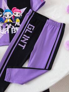 SHEIN Baby Girl Cartoon Letter Print Round Neck Short Sleeve T-Shirt And Pants Casual Outfit - Purple - View 5