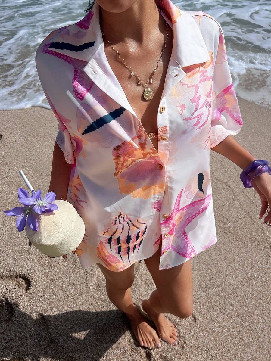 Opulessa 度假印花宽松梭织女式衬衫 - 粉色 - 查看 1