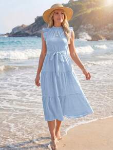 Sylviya 褶邊荷葉邊繫腰帶連衣裙 - 淺藍色 - 查看 3