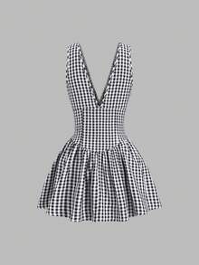 Sweetra New Elegant French Black & White Plaid V-Neck Umbrella Hem Mini Dress, Suitable For Commuting And Everyday Wear - Black and White - View 2