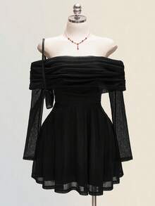 SHEIN ICON Váy trễ vai màu trơn thanh lịch cỡ lớn cho nữ - màu đen - Xem 8