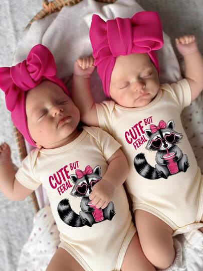 SHEIN Playful Pals 女婴可爱浣熊印花连体衣，杏色，适合春夏穿着