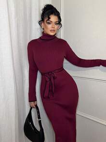 Dayanna Comas Women's Elegant Turtleneck Fitted Ribbed Texture Bowknot Sweater Dress - Red - View 5