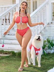 Swim Mod Plus Size Women's Summer Beach Heart Print Tie-Up Sexy Bikini Swimwear Set - Red and White - View 7