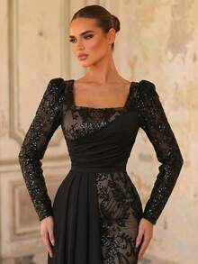 Aureia Elegant, Romantic, Dignified, Luxurious Black Sequin Fabric Satin Patchwork Pleated Decor Dress For Holiday, Vacation, Birthday Party, Wedding, Formal Gala - Black - View 3