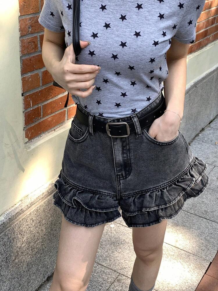 Women's Vintage Washed Ruffled Hem Gray Denim Shorts, Korean Style Jorts Summer