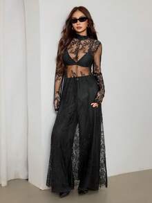SHEIN PETITE 2025款，适合5-15℃，可叠穿，现代都市风格，黑色蕾丝面料，收腰修身剪裁，女士长裙，优雅百搭，适合日常穿着，新款春夏/夏季派对连衣裙 - 黑色 - 查看 6